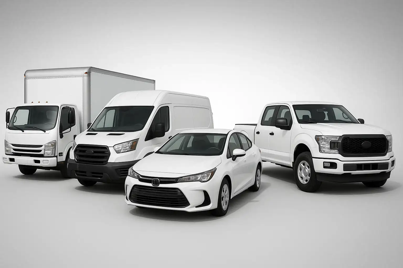 Commercial fleet vehicles including box truck, cargo van, sedan, and pickup truck